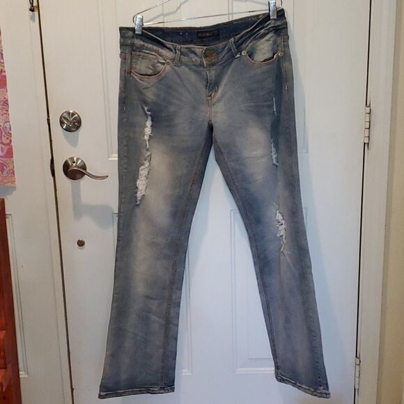 Royal Blue Distress Boot Cut Jeans 15 - Picture 1 of 14